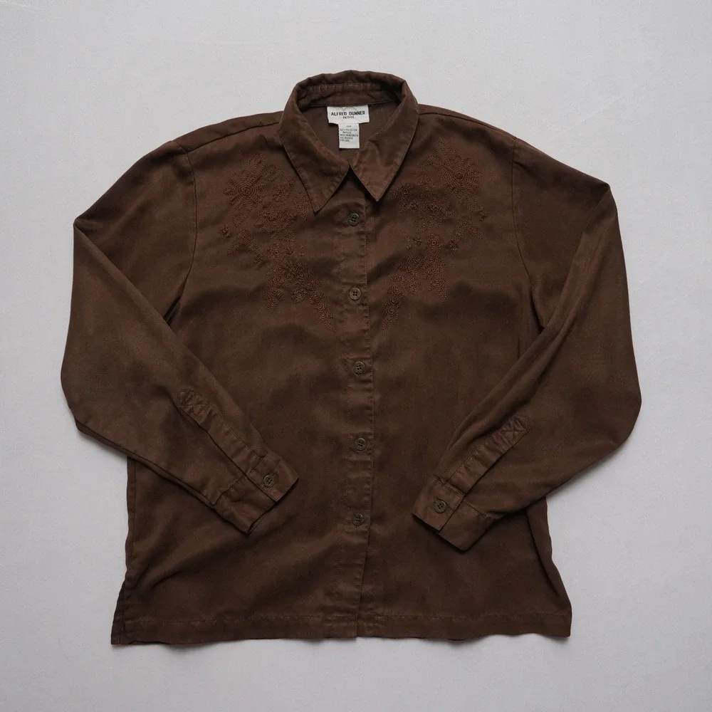 Alfred Dunner Shirt Womens 12P Brown Faux Suede Embroidered Petite Button Up